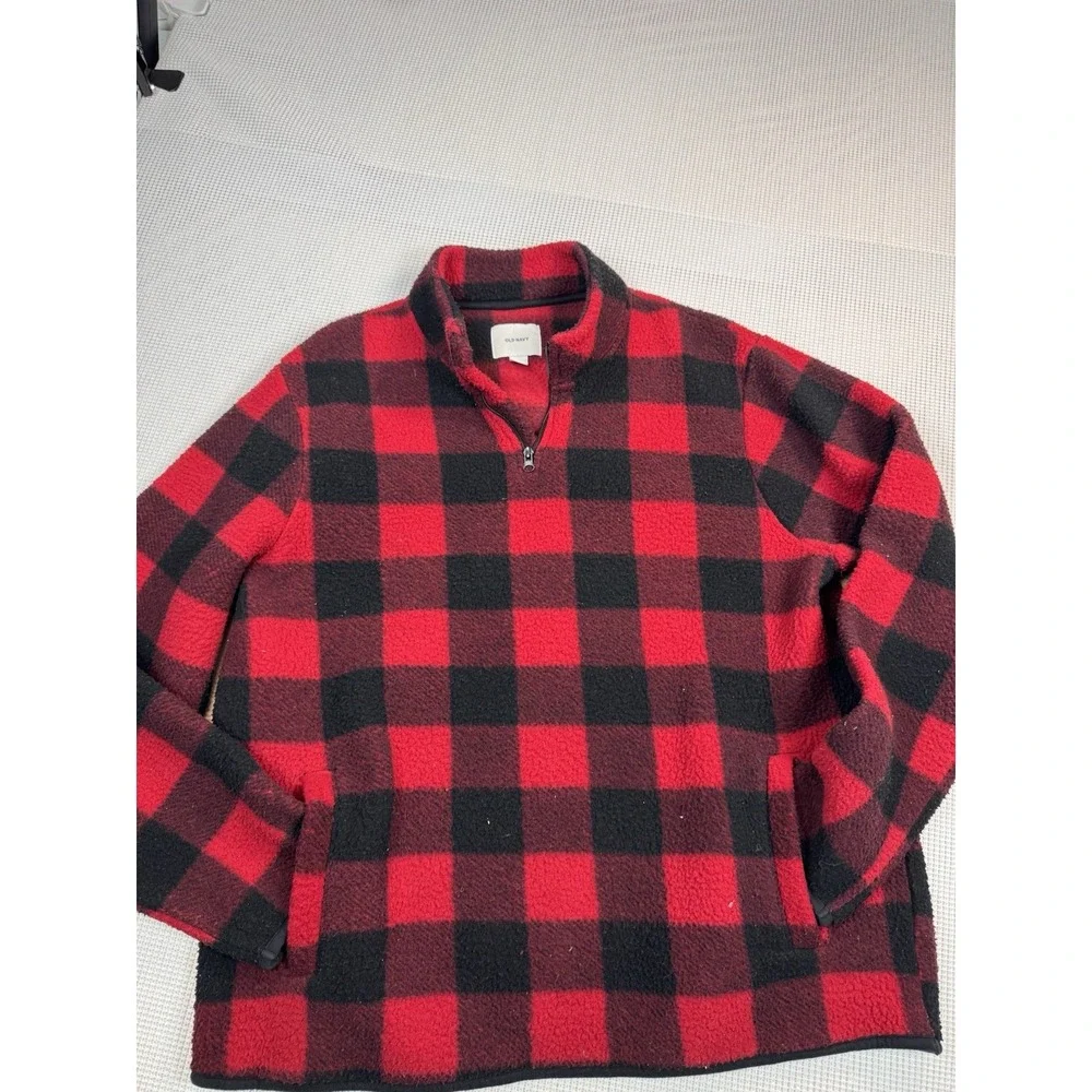 Old Navy Buffalo Plaid Fleece Pullover Mens XXL Red Black 1/4 Zip Sweater